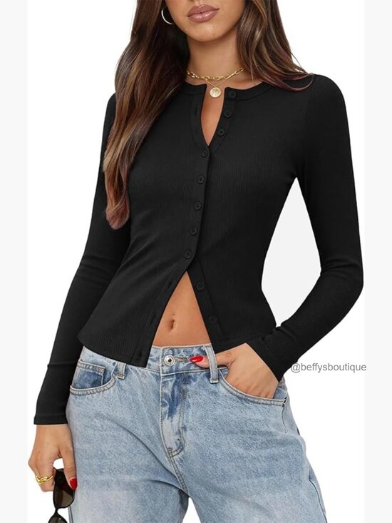 Sweaters - Long Sleeve Button Down Cardigan Lightweight Going Out Top